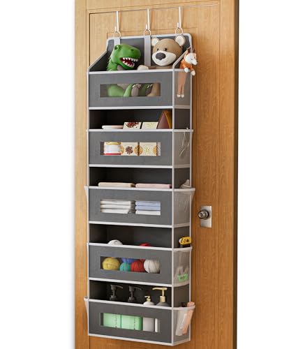 5 Tier Over The Door Organizer - Large Capacity Behind Door Hanging Shelves with 10 Mesh Pockets and Clear Windows, Closet Organizers and Storage for Bathroom, Bedroom, Nursery, Grey - color: Grey, size: 1 PACK