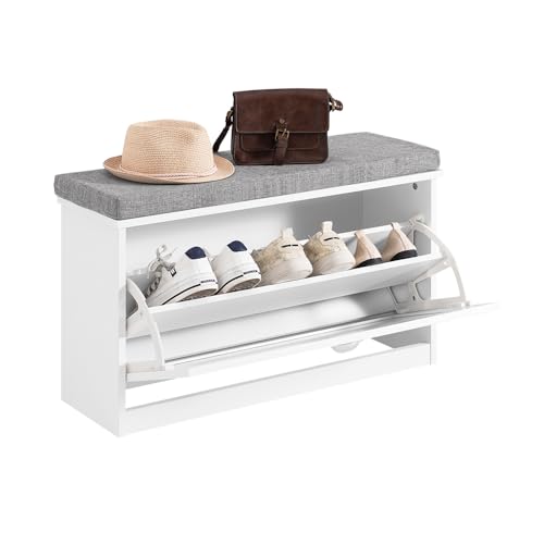 Haotian Small Shoe Cabinet for Entryway | Narrow Shoe Storage Bench with 1 Flip-Drawer and Seat Cushion, White, FSR95-W - color: White, size: 1-Drawer:29.5" x 9.4" x 18.1"