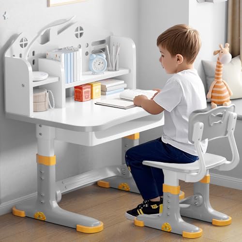 Kids Desk and Chair Set, Height Adjustable Child's School Study Writing Tables, Kids Desk with Bookstand and Storage Drawer, Widened Desktop with Desktop for Boys and Girls (Gray-B) - color: Gray-b