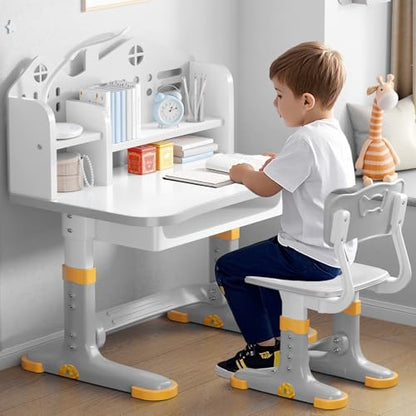 Kids Desk and Chair Set, Height Adjustable Child's School Study Writing Tables, Kids Desk with Bookstand and Storage Drawer, Widened Desktop with Desktop for Boys and Girls (Gray-B) - color: Gray-b