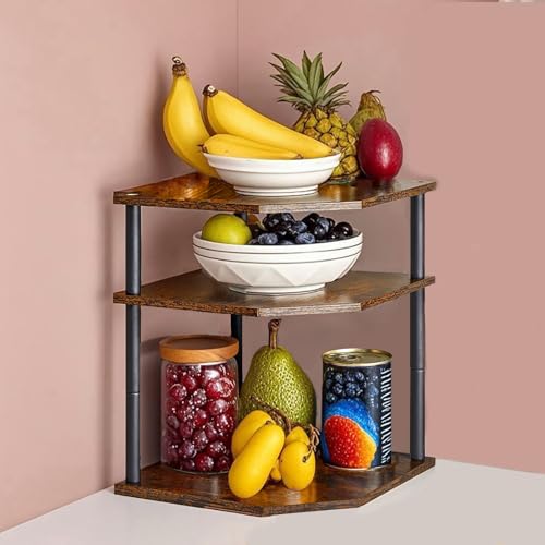 Wooden 3 Tier Corner Shelf, Countertop Storage Organizer for Kitchen Cabinets and Desk, Plates, Dishes, Bread and Small Space Decor, Adjustable