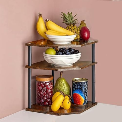 Wooden 3 Tier Corner Shelf, Countertop Storage Organizer for Kitchen Cabinets and Desk, Plates, Dishes, Bread and Small Space Decor, Adjustable