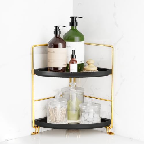 FSyueyun 2-Tier Corner Bathroom Counter Organizer, Gold & Black | Plastic Bathroom Organizer Countertop for Skincare, Perfume, Makeup, Tool-Free Assembly, Small Bathroom Corner Tray Shelf - color: Gold & Black