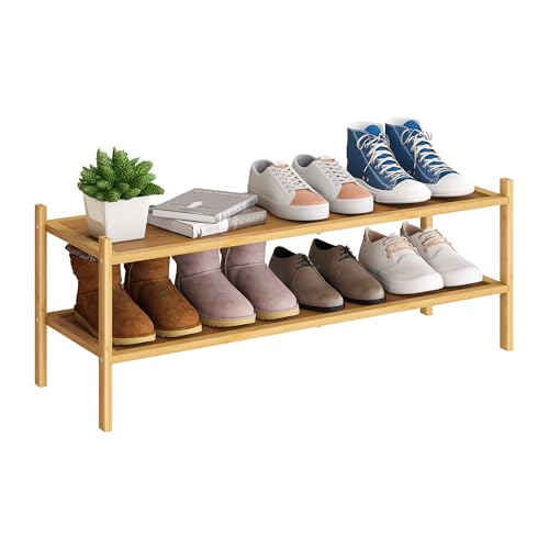 BMOSU 2-Tier Bamboo Extended Shoe Rack Premium Stackable Shoe Shelf Storage Organizer for Hallway Closet Living Room Entryway Organizer(Natural) - color: Natural, size: 2-Tier Long（33.3*11*12.6inches）