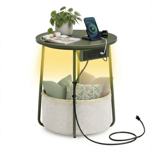 VASAGLE LILEA Collection - Side Table with Charging Station, Round End Table with Fabric Basket, LED Nightstand with USB Ports, Modern, for Living Room, Forest Green and Cream White ULET227C01 - color: Forest Green + Cream White, size: With LED light