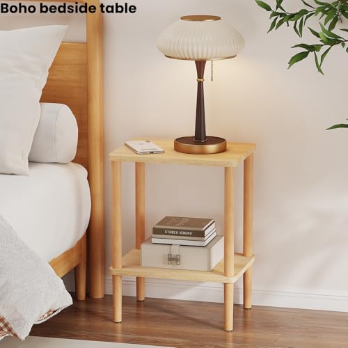 Solid Wood Side Table, Small End Table, Narrow Nightstand Bedside Table | 2-Tiers Real Oak Wood Table for Small Spaces, Bedroom, Living Room, Farmhouse, No-Tool Assembly.
