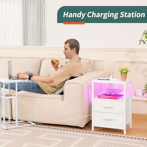 Yoobure Nightstand with Charging Station, LED Night Stand with Fabric Drawers and Storage Shelf for Bedroom, Nightstands Bedside Tables with USB Ports & Outlets, Small Night Stands, Bed Side Table - color: White