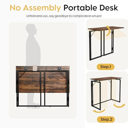 31.5" Folding Desk: No Assembly, Wood Top for Small Spaces | Home office desk, holds 150 lbs, folds flat to 2.3 in, splash-proof wood top, sturdy metal frame - color: Rustic Brown, size: 31.5"W x 15.7"D