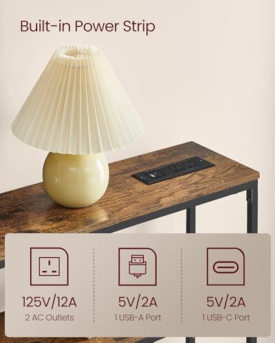 VASAGLE Console Table with Power Outlet, 2-Tier Narrow Sofa Table with 2 Shelves, 7.9 x 31.5 x 31.5 Inches, for Living Room, Hallway, Entryway, Rustic Brown and Ink Black ULNT135K01 - color: Rustic Brown + Ink Black, size: 31.5"W - With Power Outlet