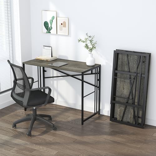 Lutown-Teen 35 inch Narrow Folding Desk, Writing Gaming Computer Camping Desk for Small Spaces, No Assembly Required Home Office Table, Black Oak - color: Black Oak, size: 35 Inch