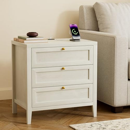 Large Nightstand Set of 2 with 3 Drawers, Farmhouse Bedside End Table with Charging Station, Modern Wood Night Stand for Sofa, Bedroom, Antique White - color: Antique White, size: 2 PCS (3 Drawers)