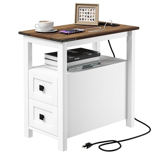 VVFLU Farmhouse End Table with Charging Station and 2 Storage Drawers, White Wood Nightstand Narrow, Skinny Side Table Rustic, Slim Bedside Table, Open Shelf, Small for Bedroom, Living Room, Sofa - color: White
