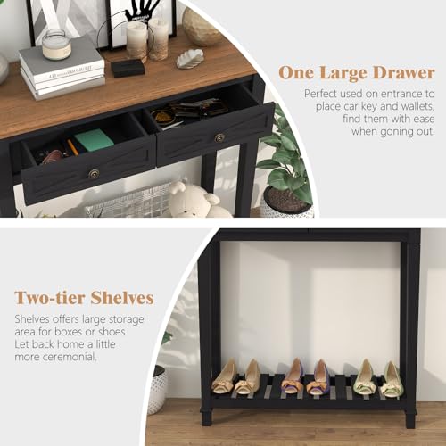 Kinpaw Narrow Console Table with Storage- Black Entryway Table, Small Sofa Table with Drawer & Storage Shelf for Hallway, Entryway, Foyer, Behind Couch, Living Room Furniture, Wood - color: Black-2 Drawers