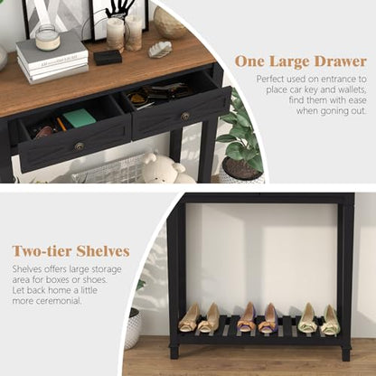 Kinpaw Narrow Console Table with Storage- Black Entryway Table, Small Sofa Table with Drawer & Storage Shelf for Hallway, Entryway, Foyer, Behind Couch, Living Room Furniture, Wood - color: Black-2 Drawers