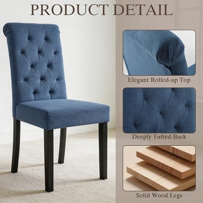 LSSBOUGHT Upholstered Dining Chairs Set of 6,Tufted Parsons Kitchen Chair with Solid Wood Legs, Modern Towel Fabric Side Chair for Dining Room/Restaurant(6pcs,Blue) - color: Blue-fabric, size: Set of 6