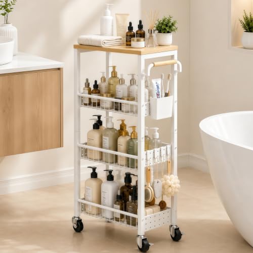 DTUQYX Slim Bathroom Storage Cart, 4 Tier Small Rolling Organizer Cabinet with Wood Top Handle, Mobile Shelving Unit Slide Out for Office, Kitchen, Laundry Room & Narrow Places (9.1" W Metal Basket) - color: Pearl White, size: 7.88"W Metal Wire Basket