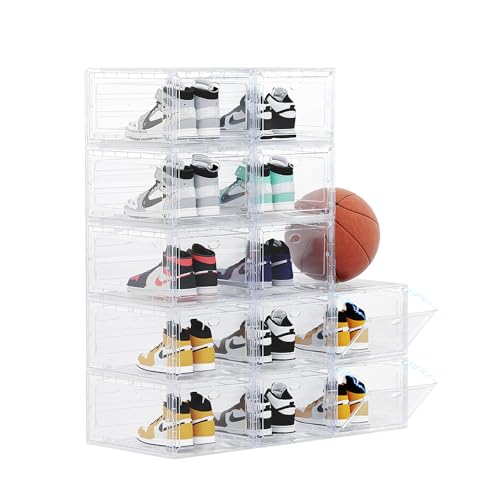 12 Pack Clear Shoe Boxes Stackable for Closet, Drop Front Large Plastic Shoe Containers - color: 12 PACK WHITE