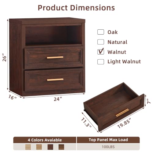 RWYHG 24'' Wide Farmhouse Night Stand with 2 Drawers,Wood Nightstand | Modern End Table Open Storage Shelf, Metal Handle, Mid-Century Bed Side Table for Bedroom, Living Room, Walnut - color: Walnut