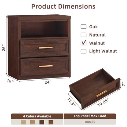 RWYHG 24'' Wide Farmhouse Night Stand with 2 Drawers,Wood Nightstand | Modern End Table Open Storage Shelf, Metal Handle, Mid-Century Bed Side Table for Bedroom, Living Room, Walnut - color: Walnut