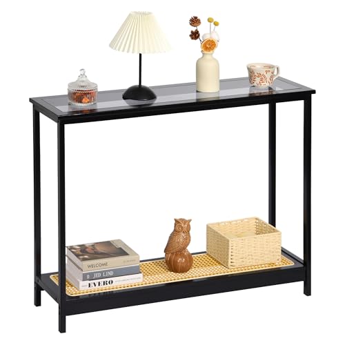 Bamboo Narrow Console Table, 39.4"(L) Wood Small Entryway Table with Rattan and Glass, Accent Slim Hallway Tables, Thin Sofa Side Tables for Hallway, Living Room, Bedroom, Foyer, Black - color: Black 39.4"(l)