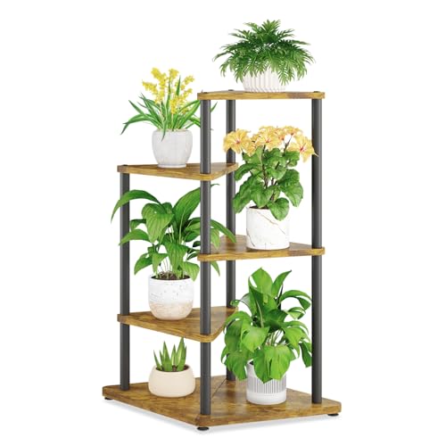 iDavosic.ly 4 Tier Wooden Plant Stand Indoor, 33 Inch Tall, Black & Brown | Sturdy Corner Flower Shelf for 12'' Large Heavy Duty Flower Pot, Ideal for Patio Living Room Balcony Porch, Easy Assembly - size: 4 Tier without Light