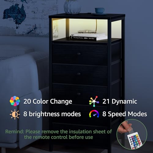 BOLUO Black Dresser with 5 Drawers Tall Nightstand with Charging Station and LED Light, Bedside Table Room Storage Drawers Closet - color: B.black, size: 11.8"D x 15.7"W x 39.8"H (5 drawers)