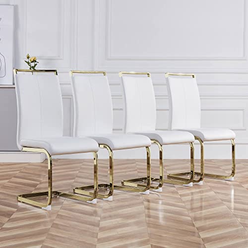 Baysitone Modern Dining Chairs Set of 4, Side Dining Room Chairs with Golden Legs, Kitchen Chairs with Faux Leather Padded Seat High Back for Dining Room, Kitchen, Living Room White - color: White With Gold Leg, size: Set of 4