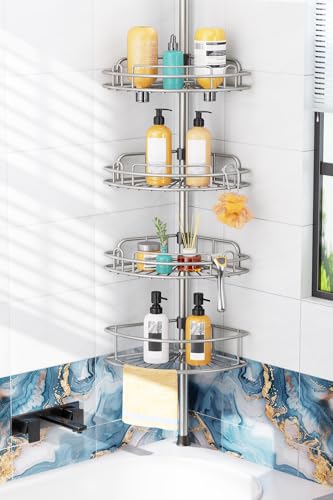 HAMITOR Shower Caddy Tension Pole: 4-Tier Rustproof Bathroom Corner Shelf Organizer for Renter - No Drill Large Shampoo Storage Rack - Adjustable 47-121" - Space Saving Bathtub Accessory - Silver Gray - color: Silver Gray