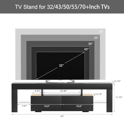 JUMMICO TV Stand, Modern Lighting TV Cabinet Entertainment Center Media and Open Shelf, TV Console Table with 1 Drawer and Remote Control, 20 Color LED Lights up to 70 Inch TV (Black) - color: Black, size: 60 Inches