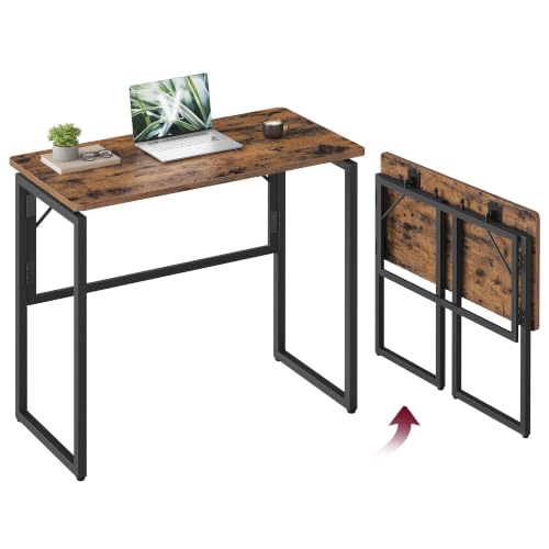 VASAGLE Folding Desk, Foldable Computer Desk, One-Piece Desktop, Rounded Edges, Small Folding Craft Table for Bedroom, Balcony, Camping, Easy Assembly, 31.5 x 15.7 Inches, Rustic Brown ULWD151KD01 - color: Rustic Brown, size: 31.5"