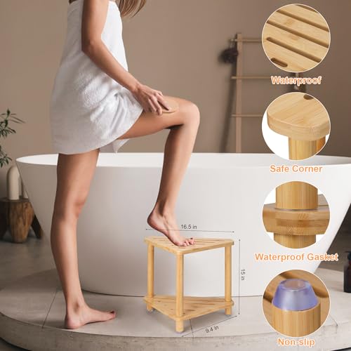 Bamboo Corner Shower Stool for Shaving Legs, Shower Bench for Inside Shower Foot Rest with 2-Tier Waterproof Storage Shelf for Inside Small Shower Spaces Bath Seat