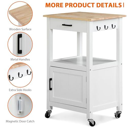 Nova Microdermabrasion Kitchen Island Cart on Wheels, Rolling Kitchen Cart with Single Door Cabinet, Mobile Small Coffee Cart Microwave Oven Cart Serving Cart for Dining Room, White