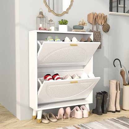White Shoe Storage Cabinet: 24" Ultra Thin Small Shoe Cabinet for Entryway, Modern Slim and Narrow Hidden Shoes Rack Organizer with Doors and 2 Flip Drawer (1 Piece, 25") - size: 25"