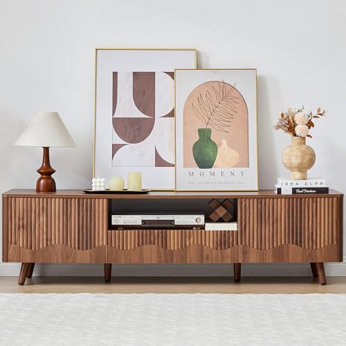 BERRYMERRY Walnut 62.2” Fluted Wave TV Stand for TVs up to 75” | drawer,open shelf,cabinet,round corner,entertainment center,tv console,cable manage,wood