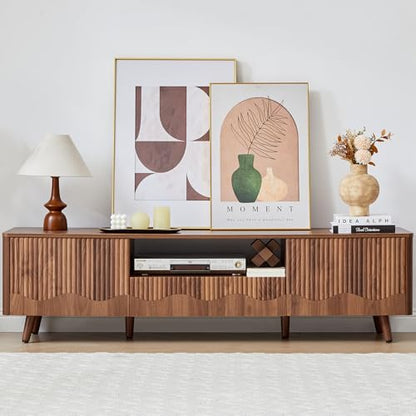 BERRYMERRY Walnut 62.2” Fluted Wave TV Stand for TVs up to 75” | drawer,open shelf,cabinet,round corner,entertainment center,tv console,cable manage,wood