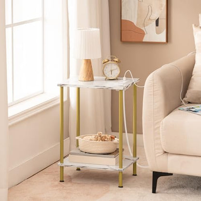 HOOBRO Side Table with Charging Station, Set of 2 End Tables with USB Port and Outlet, Nightstand with 2-Layer Storage Shelves for Small Spaces, Living Room, Bedroom, Gold and Marble DM09UBZP201 - color: Marble + Gold