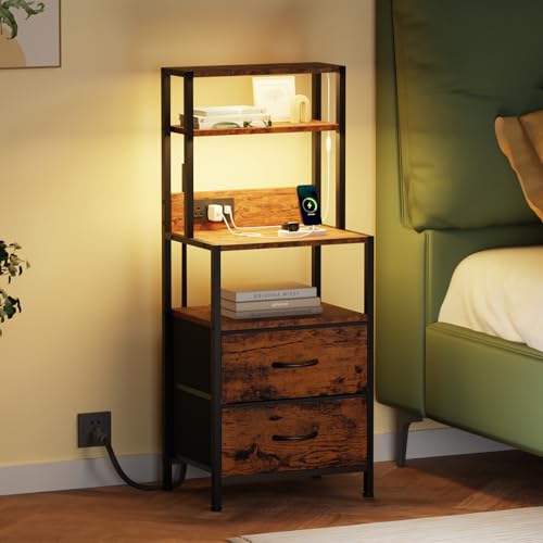 Furnulem Night Stand, Tall Nightstand with 4-Tier Shelves, 2 Fabric Drawers and LED Lights, Bed Side Tables with Charging Station, Bedside Table for Bedroom, Office, Rustic Brown - color: Rustic Brown, size: 2 Drawer