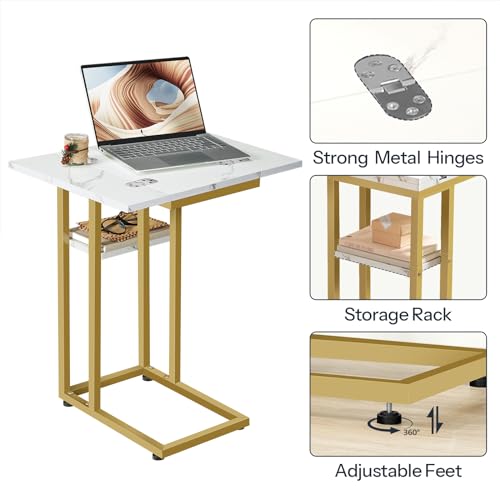 HOOBRO Foldable C Shaped End Table, C Shaped Side Table with Storage Shelf, Small Snack Table, Slide Under Couch Table for Sofa, Living Room Bedroom Small Spaces Easy Assembly, Gold DM29SF01 - color: Marble + Gold