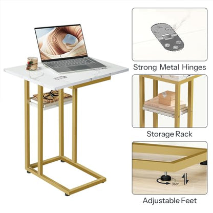 HOOBRO Foldable C Shaped End Table, C Shaped Side Table with Storage Shelf, Small Snack Table, Slide Under Couch Table for Sofa, Living Room Bedroom Small Spaces Easy Assembly, Gold DM29SF01 - color: Marble + Gold