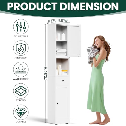71" Tall Metal Bathroom Cabinet, 12" Slim Freestanding Locker with 2 Door & 1 Drawer, Narrow Storage Cabinet with Adjustable Shelves, for Small Spaces, Bathroom, Living Room, Modern - White
