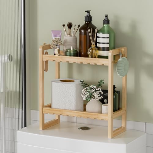 AmazerBath Bamboo Over The Toilet Storage Shelf - 2-Tier Bathroom Organizers and Storage Shelves, 2 in 1 Dual Stable Above Over Toilet Bamboo Shelf Home Storages Rack for Small Bathroom, Space Saver - color: Natural Color, size: 2-Tier