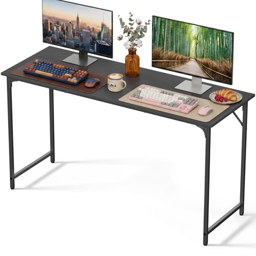 55 Inch Computer Desk, Large Office Desk, Metal Frame Writing Table with Reinforced Sturdy Build, Water-Resistant Scratchproof Surface, Adjustable Feet for Bedroom Home Office & Study, Black - color: Black, size: 55 inch