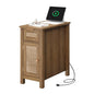Narrow End Table with Charging Station - Midcentury Rattan Slim Side Table with USB Ports and Power Outlets, Nightstand with Flip Top and Storage Drawer, for Small Spaces Living Room Bedroom
