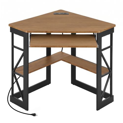 VECELO Corner Desk, Triangle Computer Desk for Small Space with Charging Station and Keyboard Tray, Corner Makeup Table with Storage Shelves for Home Office Bedroom, 41x30, Light Walnut - color: Light Walnut, size: 28" x 41" x 30"