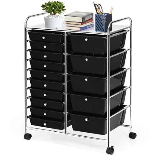 GLACER 15 Drawers Rolling Storage Cart, Steel Frame Craft Organizer Cart | Utility Cart w/Lockable Wheels & Sleek Handle, Mobile Art & Tool Supply Trolley for Teacher, Home, School, Office (Black) - color: Black, size: 15 Drawers (5 Big +10 Small)