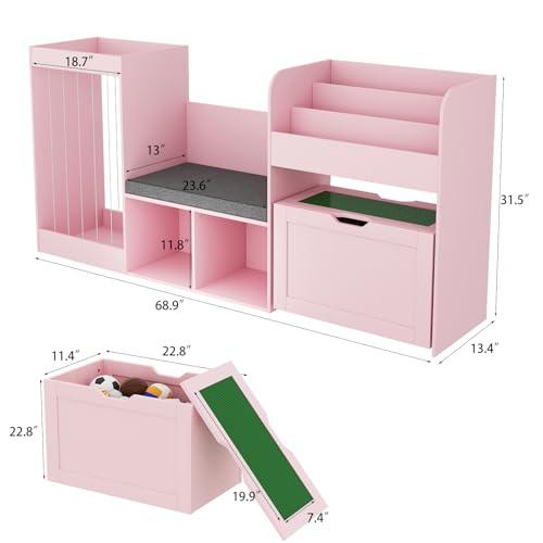 VontinT 68.9"W Kids Toy Storage Reading Nook with Bookshelf & Drawer,Wooden | 3 Tiered Bookshelf, Rolling Box with Building Baseplate Play Lid for Lego, 122L Stuffed Holder, Bench&Cushion for Kids, Pink - color: Pink