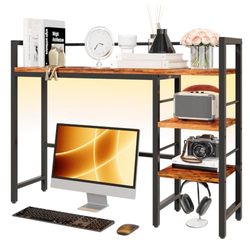 HavenlyYouth Desk Shelf with LED Light Strip, 3-Tier Storage Desktop Organizer Shelf, 38.6" Wood Desktop Bookshelf for Computer Monitor, Desk Hutch for Home Office Dorm, Rustic - color: Rustic With Led Strips, size: 38.6"