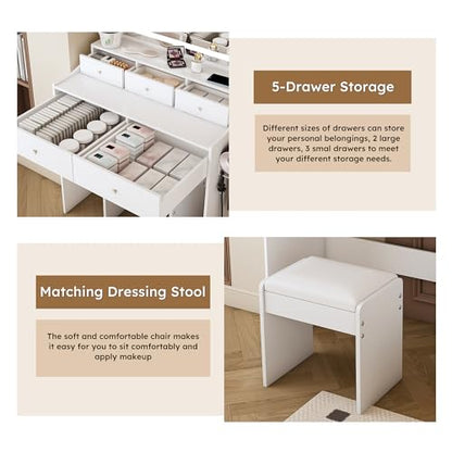 Vanity Desk with Large Mirror and Stool, Makeup Table with LED Lighted - 3 Color Models, Makeup Desk with 5 Drawers & Power Outlet & Hair-dryer Holder, Dressing Makeup Table for Home Apartment