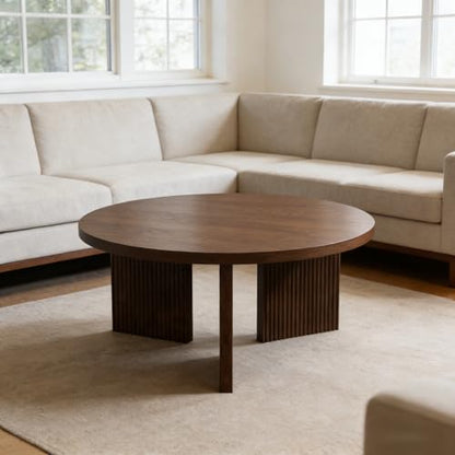 35" Wooden Round Coffee Table, Brown | Smooth Thick Coffee Table, Low Circle Center Table with X Shaped Stable Legs, Accent Tea Table for Living Room, Office - color: Brown, style: Coffee Table