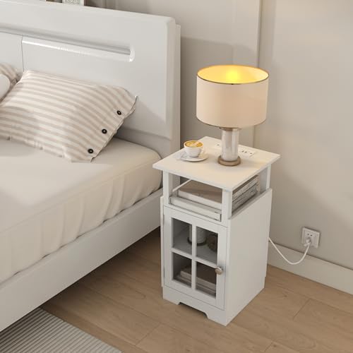 Nightstand with Charging Station,White End Table Modern Side Table with USB Ports and Outlets, Mid-Century Bedside Table with Storage for Bedroom Living Room MLBZ08WE